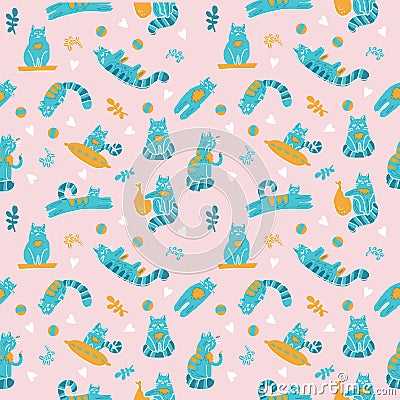 Cute Seamless Pattern with Cats in Doodle scandinavian Style. Hand Drawn Vector Illustration with pillow, plants, branches and Stock Photo