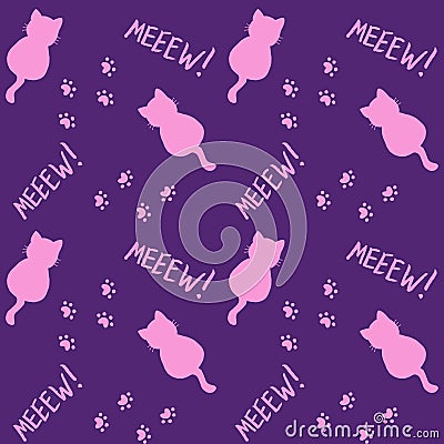 Cute seamless pattern with cats, steps and mew quote. Pink and purple colors. Doodle cartoon style. Modern abstract Vector Illustration
