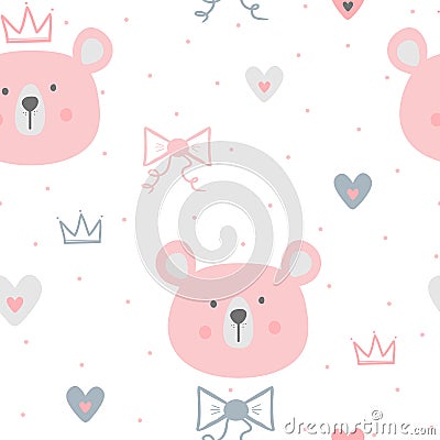 Cute seamless pattern for children. Repeated faces of bears, hearts, crowns, bows and polka dots. Vector Illustration