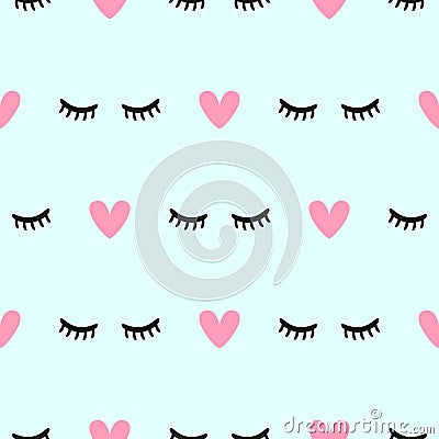 Cute seamless pattern with closed eyes and hearts. Simple girly print. Vector Illustration