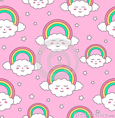 Cute seamless pattern, clouds with rainbows and stars Vector Illustration