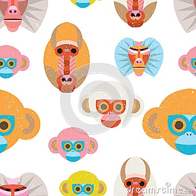 Cute seamless pattern with colorful cartoon monkeys Vector Illustration