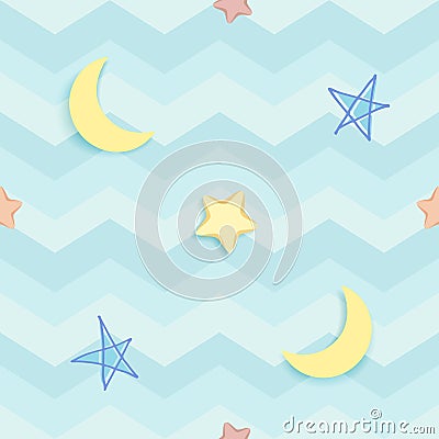 Cute seamless pattern with colorful hand-drawn stars and crescent moon. Blue pattern with wavy stripes and zigzag chevron. Vector Illustration