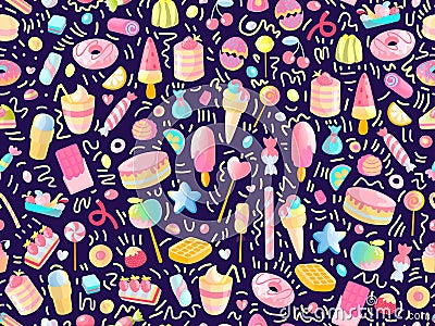 Cute seamless pattern with colorful sweets, cakes, lollipops. Cartoon seamless pattern with candy and sweet dessert. Fun Vector Illustration