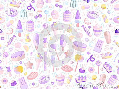 Cute seamless pattern with colorful sweets, cakes, lollipops. Cartoon seamless pattern with candy and sweet dessert. Fun Vector Illustration