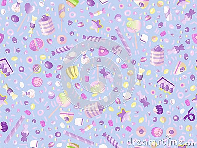 Cute seamless pattern with colorful sweets, cakes, lollipops. Cartoon seamless pattern with candy and sweet dessert. Fun Vector Illustration