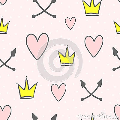 Cute seamless pattern with crowns, hearts, crossed arrows and round dots. Endless girlish print. Vector Illustration