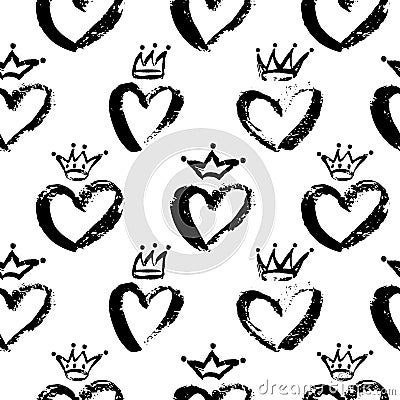 Vector Seamless Pattern of Crowns and Hearts. Messy Baby Princess and Prince crown, heart for kids room, child decor Vector Illustration