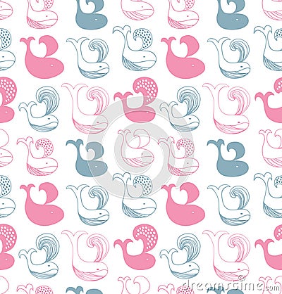 Cute seamless pattern with different whales silhouettes. Vector gentle background. Vector Illustration