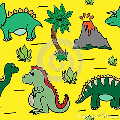 Cute seamless pattern with dinosaurs, palm trees and volcanoes drawn by hand. Print for children. Vector Illustration