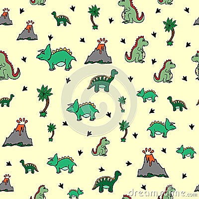 Cute seamless pattern with dinosaurs, palm trees, volcanoes and paw prints. Drawn by hand. Print for kids. Vector Illustration