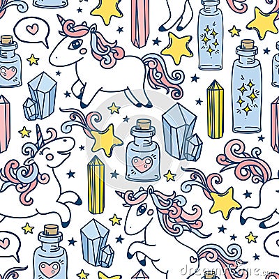 Cute seamless pattern with doodle unicorns, magic crystals and flasks Vector Illustration