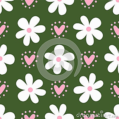 Cute seamless pattern with flowers and hearts. Floral print. Vector Illustration