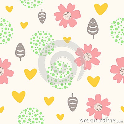 Cute seamless pattern with flowers, leaves, hearts and dots. Vector Illustration