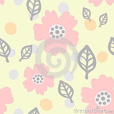 Cute seamless pattern with flowers, leaves and round spots. Drawn by hand. Pastel sketch. Vector Illustration