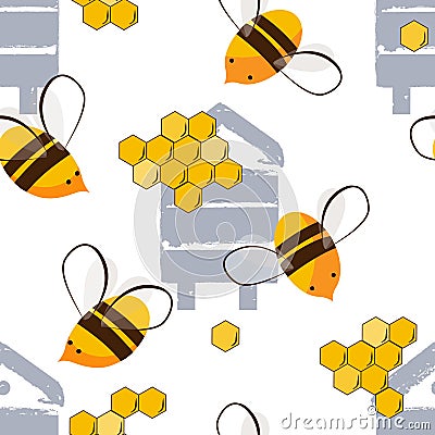 Cute seamless pattern with flying bees and honey bees. Vector illustration, white background Vector Illustration