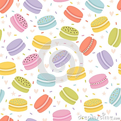 Cute seamless pattern with french macaroons. Hand drawn background with sweet delicious desserts. Fresh bakery Vector Illustration