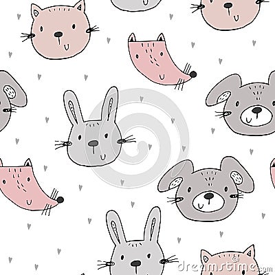 Cute seamless pattern with funny Animals. Vector Illustration. Vector Illustration