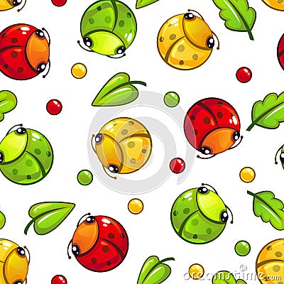 Cute seamless pattern with funny bugs and leaves Vector Illustration