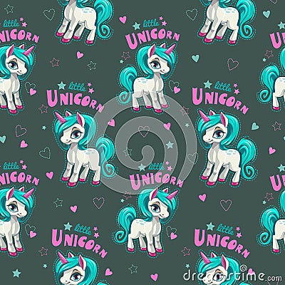 Cute seamless pattern with funny cartoon pony. Vector Illustration