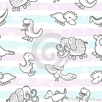 Cute seamless pattern with funny dinosaurs. vector illustration. Vector Illustration