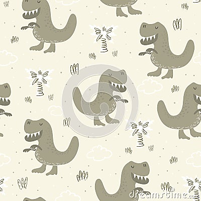 Cute seamless pattern with funny dinosaurs. vector illustration. Vector Illustration