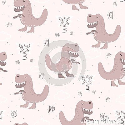 Cute seamless pattern with funny dinosaurs. vector illustration. Vector Illustration