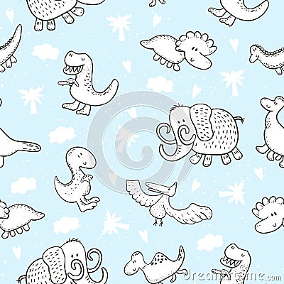 Cute seamless pattern with funny dinosaurs. vector illustration. Vector Illustration