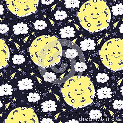 Cute seamless pattern with funny moon, clouds and stars. Vector Illustration