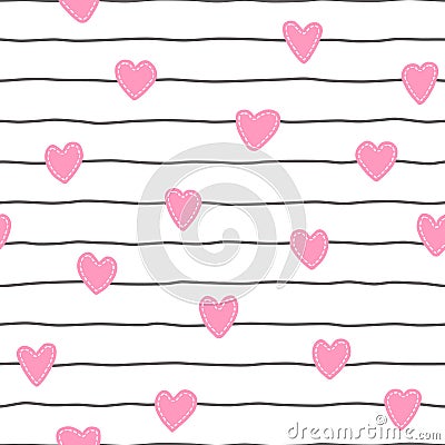Cute seamless pattern. Girl background with pink heart and stripes. Repeated kid cartoon texture. Repeating hand drawn baby patern Vector Illustration
