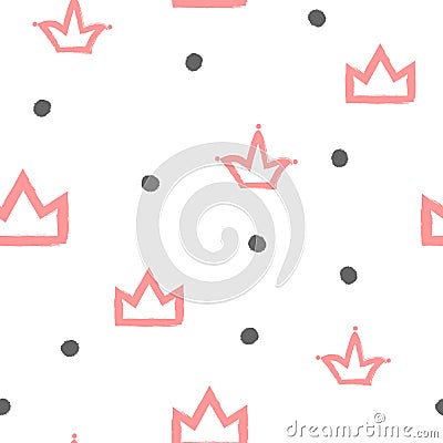 Cute seamless pattern for girls. Repeated crowns and circles. Vector Illustration