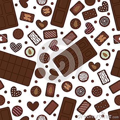 Cute seamless pattern with hand drawn chocolate candies and bars. Cartoon sweet background. Assorted of sweetmeat. Food desserts Vector Illustration
