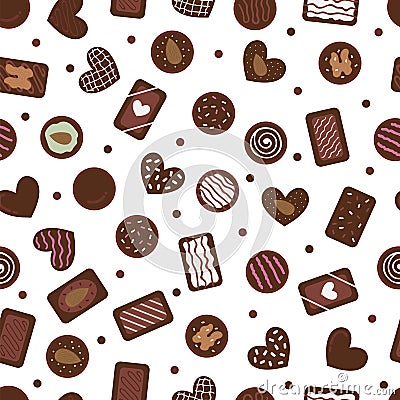 Cute seamless pattern with hand drawn chocolate candies. Cartoon sweet background. Assorted of sweetmeat. Food desserts Vector Illustration