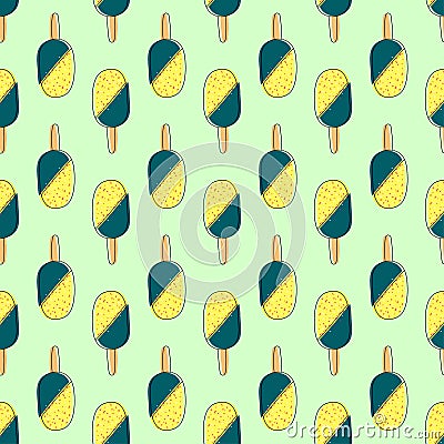 Cute seamless pattern with hand drawn doodle lemon ice cream with waffles on green background for fabric, posters, wallpaper. Vector Illustration