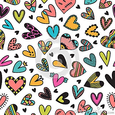 Cute seamless pattern with hand drawn hearts. Cute doodle elements. Background for wedding or Valentine`s Day design Vector Illustration