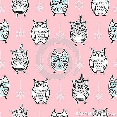 Cute seamless pattern with hand drawn owls Vector Illustration