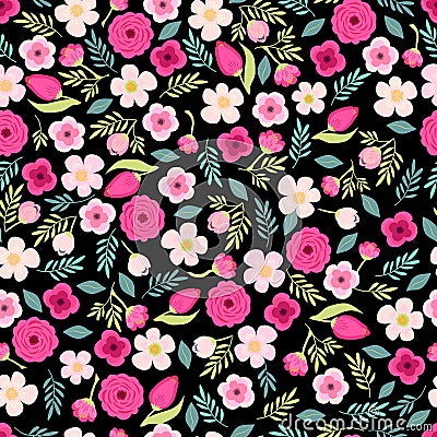 Cute seamless pattern with hand drawn rustic flowers Vector Illustration