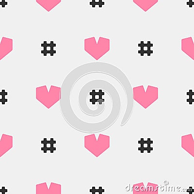 Cute seamless pattern with hashtags and hearts. Girly print. Vector Illustration