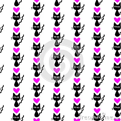 Cute seamless pattern with hearts and cats. Romantic texture for backgrounds, wrapping paper, packaging, greeting cards, prints, Stock Photo