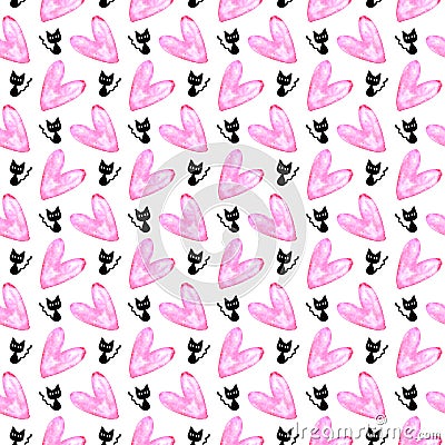 Cute seamless pattern with hearts and cats. Romantic texture for backgrounds, wrapping paper, packaging, greeting cards, prints, Stock Photo