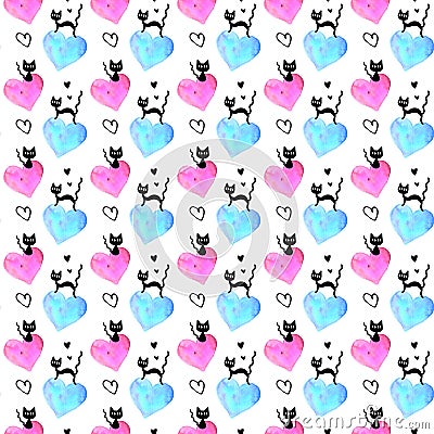 Cute seamless pattern with hearts and cats. Romantic texture for backgrounds, wrapping paper, packaging, greeting cards, prints, Stock Photo