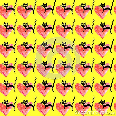 Cute seamless pattern with hearts and cats. Romantic texture for backgrounds, wrapping paper, packaging, greeting cards, prints, Stock Photo