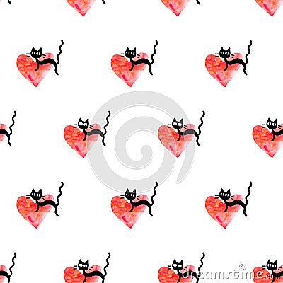 Cute seamless pattern with hearts and cats. Romantic texture for backgrounds, wrapping paper, packaging, greeting cards, prints, Stock Photo