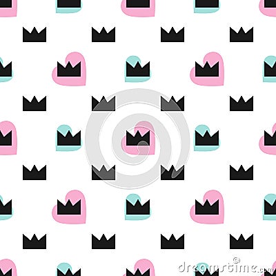 Cute seamless pattern with hearts and crowns. Vector illustration. Vector Illustration