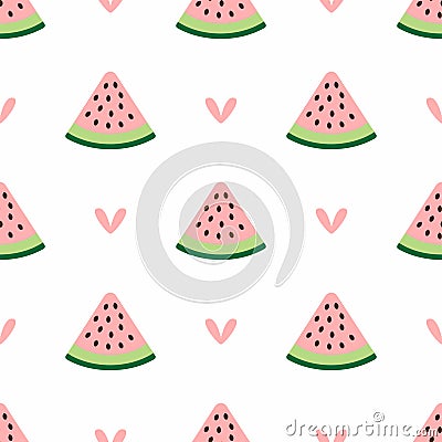 Cute seamless pattern with hearts and watermelon slices. Simple girly print. Vector Illustration