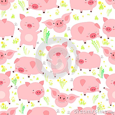 Cute seamless pattern with heerful little fun pigs, in various poses, on the floral glade, isolated white background Vector Illustration