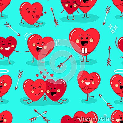Cute seamless pattern of holiday Valentines day funny cartoon characters of emoji hearts Vector Illustration