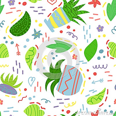 Cute seamless pattern with house plants and doodles. Flowers in a pots. Hygge home. Vector background design Vector Illustration