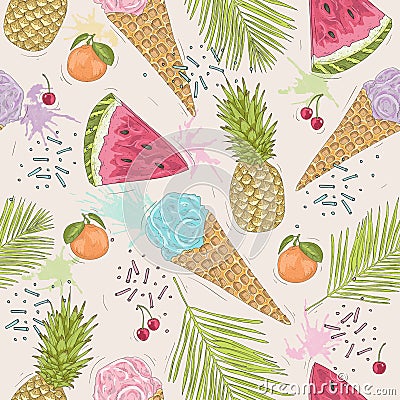 Cute seamless pattern with ice creams, pineapples. Vector Illustration