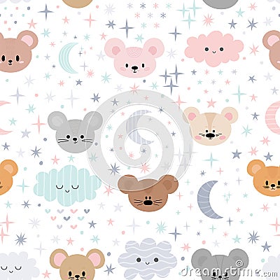 Cute seamless pattern for kids with cartoon little mouses. Children background with moon, stars and clouds. Lovely animals Vector Illustration